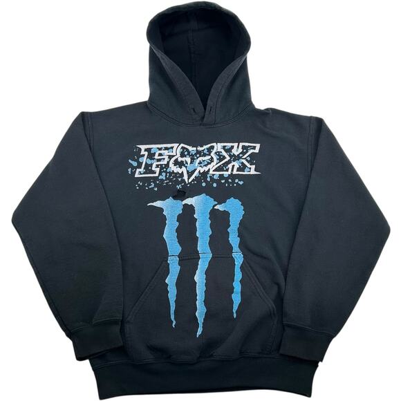 Vintage y2k Mens Black Gildan Fox Racing x Monster Energy Hoodie Sweatshirt Sz S - Picture 1 of 6